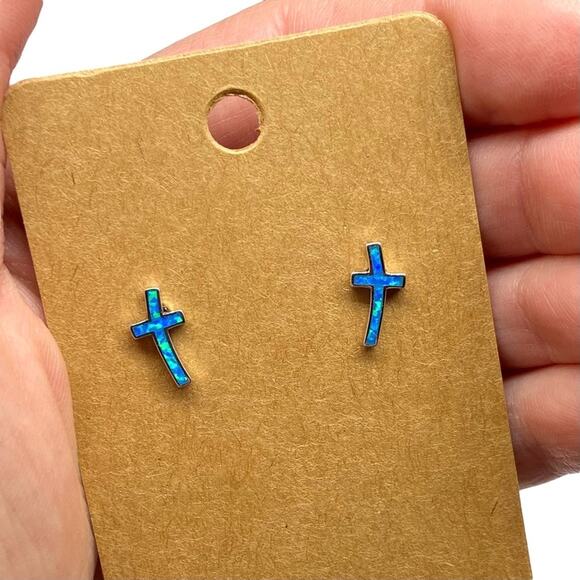Blue Fire Opal Cross Earrings Solid 925 Sterling Silver Post Stud Pierced Gift - Picture 8 of 9